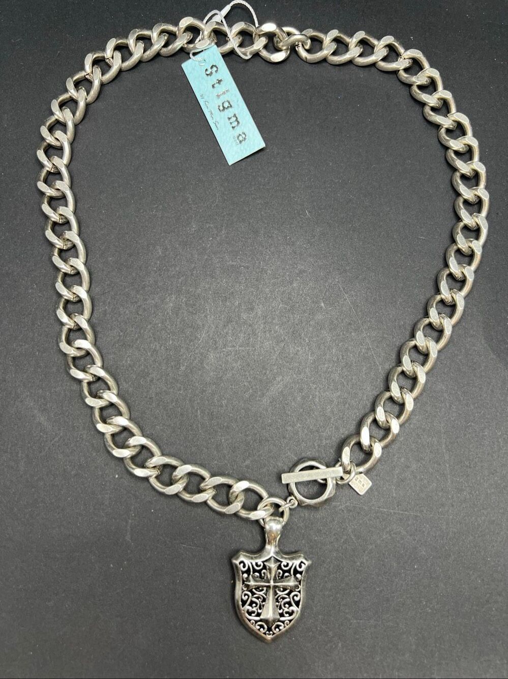 NWT Stigma Silver Tone Chunky Chain Necklace w Cross and Filigree Pendant